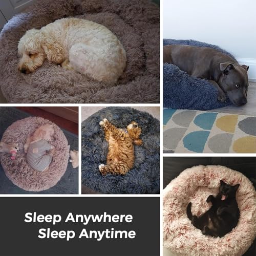 Image of ZEXSAZONE Winter Calming Dog Bed & Cat Bed for Indoor Cats Medium Size Washable Anti-Slip Anti-Anxiety Donut Mat for Small Dogs & Fluffy Plush Cozy Round Dog Bed (Small Rainbow)