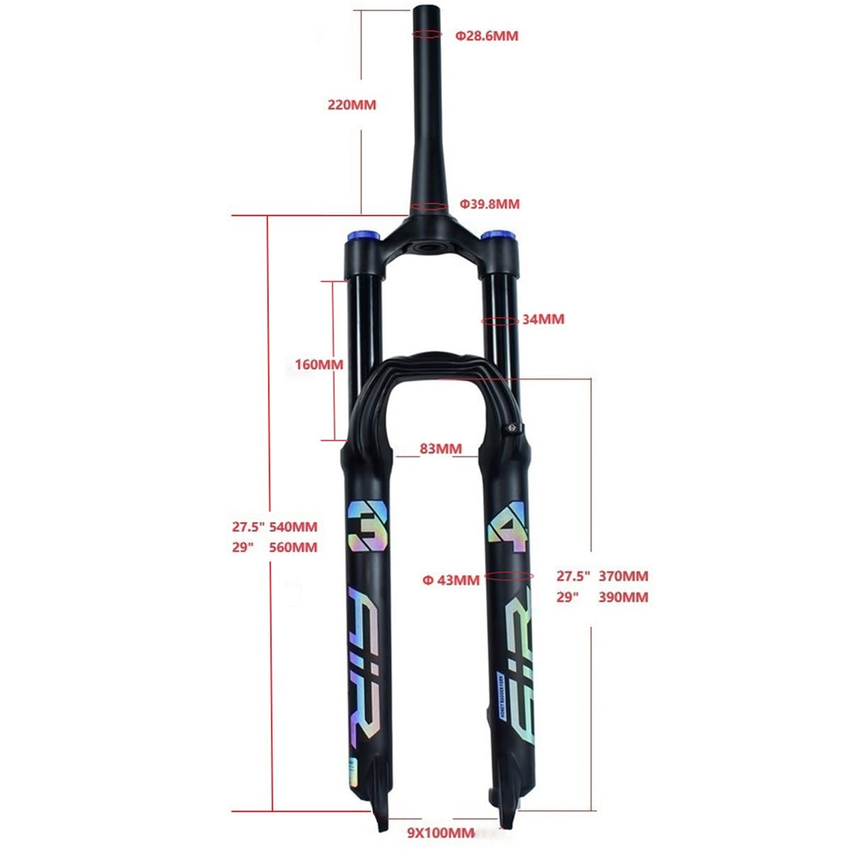 Horquilla de suspensión para Bicicleta de montaña de 27,5" y 29", Recorrido de 160 mm, Horquilla Delantera de Aire para Bicicleta de montaña, Control por Cable Manual, Tubo de Dire