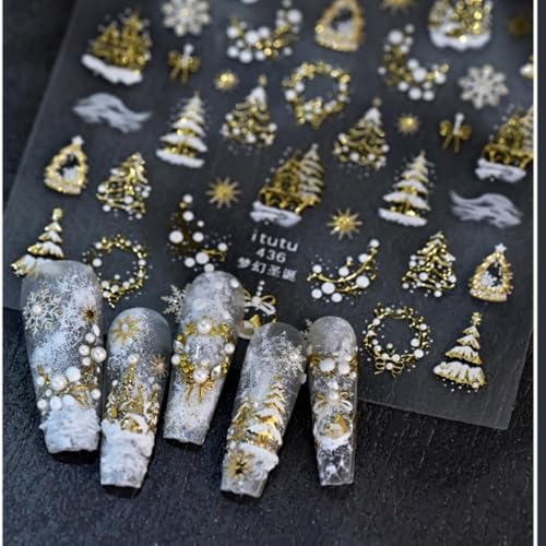Image of Gold Nail Stickers Christmas Nail Art Stickers Xmas Tree Nail Decals 5D Embossed Self Adhesive Nails Decals Garland Nails Sticker for Women Girls Manicure Decoration Accessories