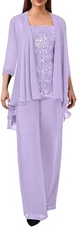 3 Pcs Mother of The Bride Pant Suits for Wedding - Chiffon Sparkly Sequins Lace Appliques Grandmother of Groom Pantsuits