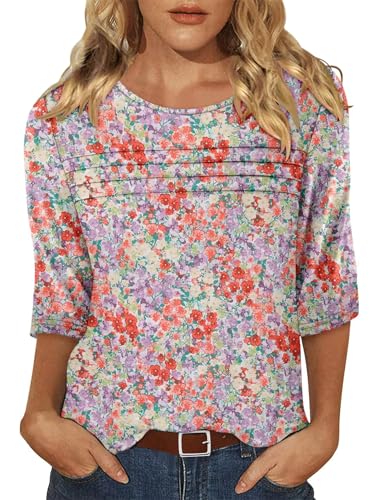 KISSMODA Women's Casual 3/4 Sleeve T-Shirts Round Neck Cute Tunic Tops Basic/Pleated Summer Tops Trendy Spring Blouses