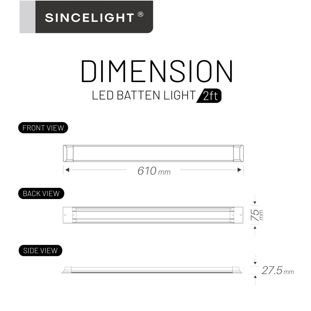 SINCELIGHT 18W Luminaire à Réglette LED,Tube linéaire intégré à DEL de 2 pieds(60cm),Plafonnier ou support mural pour cuisine,garage,atelier,entrepôt,bureau,magasin,Blanc Neutre 4000K,Lot de 1