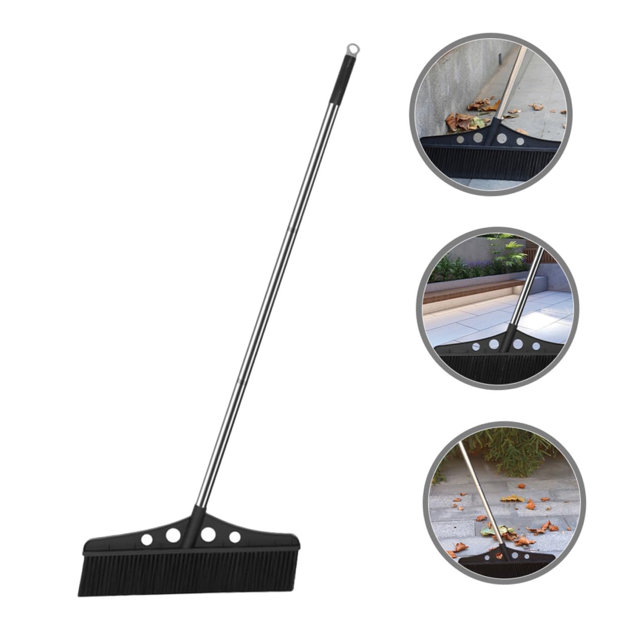 Escoba Ancha Negra con Cabeza de Acero Inoxidable y Nylon para Exteriores Desmontable Mango Largo Ergonómico, Adecuado para Limpieza de Jardines, Patios y Superficies de Concreto