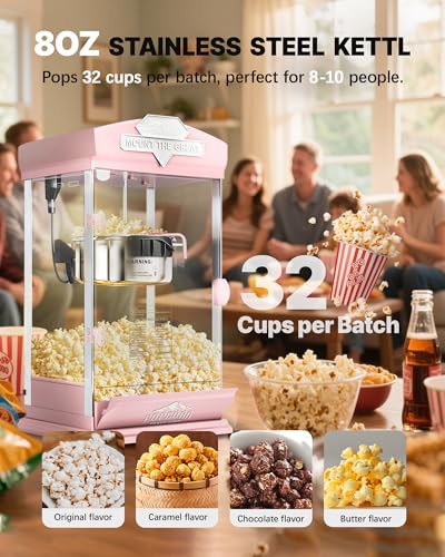 Image of 8 Oz Popcorn Machine, Tabletop Popcorn Maker, Countertop Pop Corn Machine Makes Up to 32 Cups, Movie Theater Popcorn Popper Machine with Stainless-Steel Kettle for Home Family, Pink