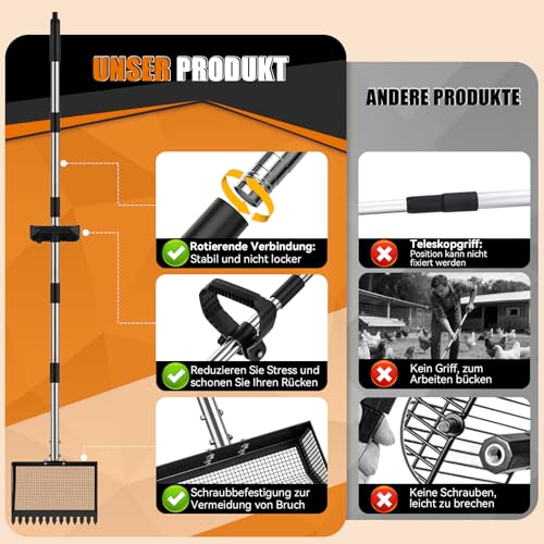 25.5cm Hühnerkotschaufel mit Ergonomischem Griff, Hühner Zubehör Siebschaufel Metall, 4-In-1 Verstellbare 89-190cm Chicken Poop Scooper Zum Reinigen von Hühnerställen Ziegenställen Ställen