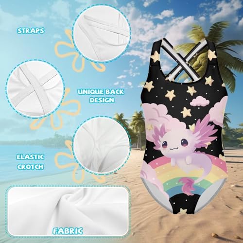 Image of Girls One Piece Swimsuits Axolotl Cross Back Swimwear Beach Summer Quick Dry Beach Bathing Suit