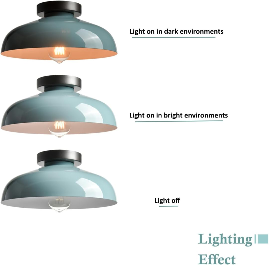 DIRYZON Modern Macaron Ceiling Light,12-Inch Semi Flush Mount Ceiling Light with Metal Barn Shade for Bedroom Porch,Sea Blue Green