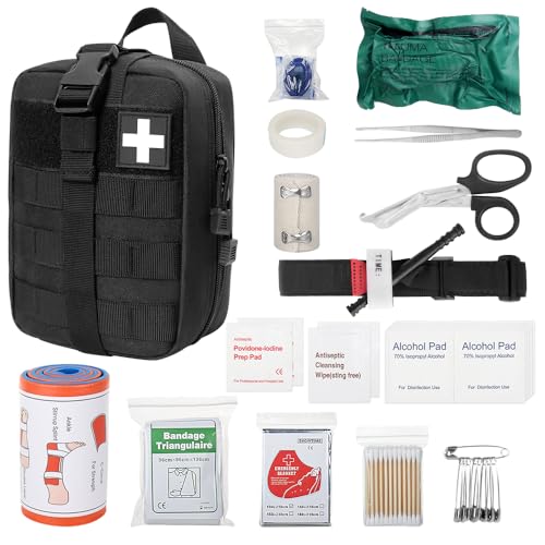 HIULLEN Botiquin de Primeros Auxilios, 46PCS First Aid Kit para Medicina Táctica, Kit De Primeros Auxilios, Bolsa de Emergencia para Viaje y Acampada(Negro)