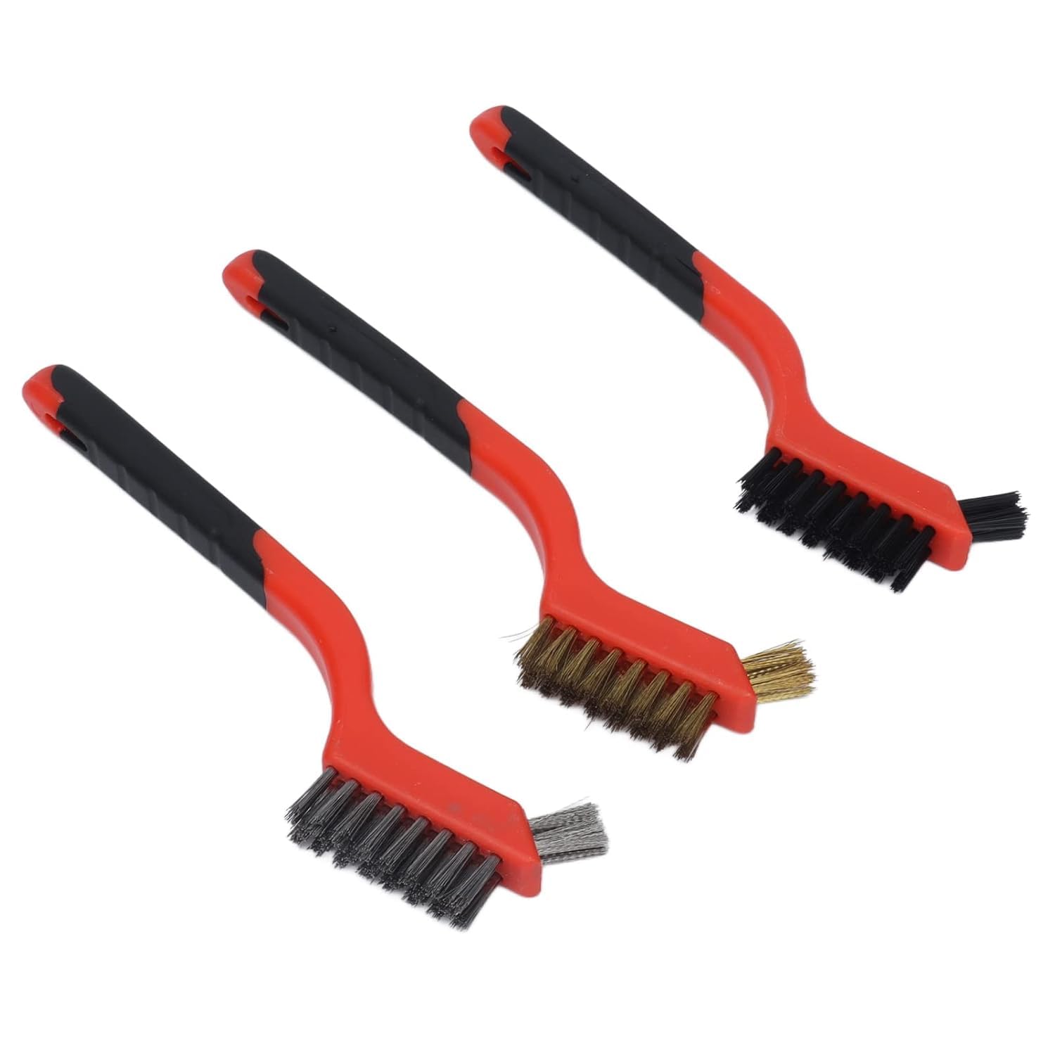Mr.Gadget's Solutions Wire Brush Set, 3 Pack, Stainless Steel, Brass and Nylon Bristles, Curved Handle, for Rust Removal, Scrubbing and Cleaning