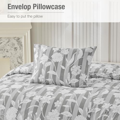Image of Lekesky Gray Duvet Cover King Size, Grey Comforter Cover King Size Floral Printed Duvet Set, 3 Pieces Soft Microfiber Bedding Set with Zipper Ties (King, 104 inchx90 inch)