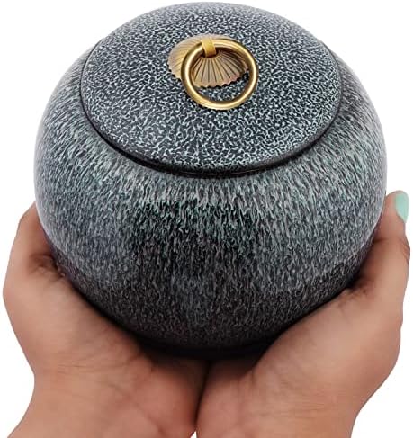 BELLE VOUS Vintage Chinese Ceramic Loose Tea Storage Canister Jar with Airtight Sealed Lid - Traditional Grey Caddy for Food, Coffee, Sugar, Spice and Nuts - Container For Kitchen and Home Decoration