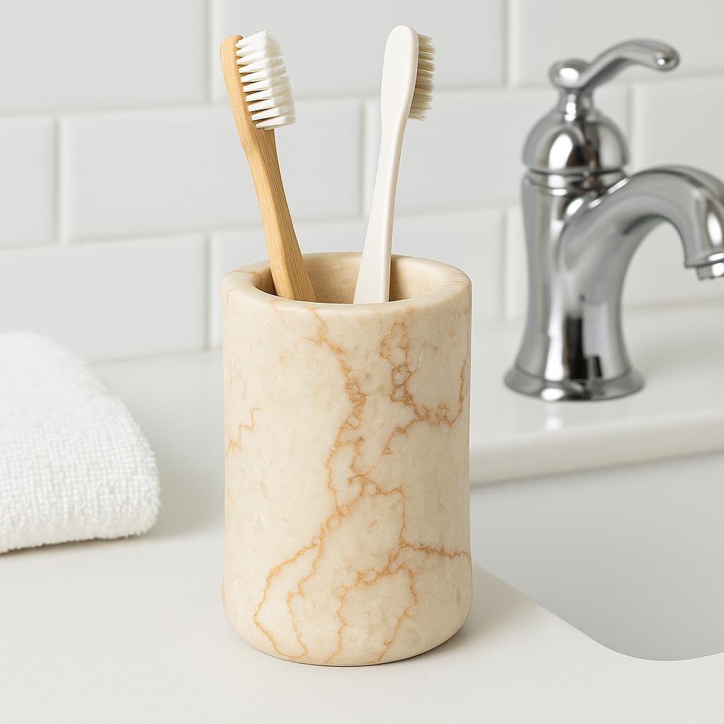 Creative Home Natural Champagne Marble Fenway Collection Tumbler Toothbrush Holder Makeup Brush Holder Bathroom Countertop Organizer, 3.3