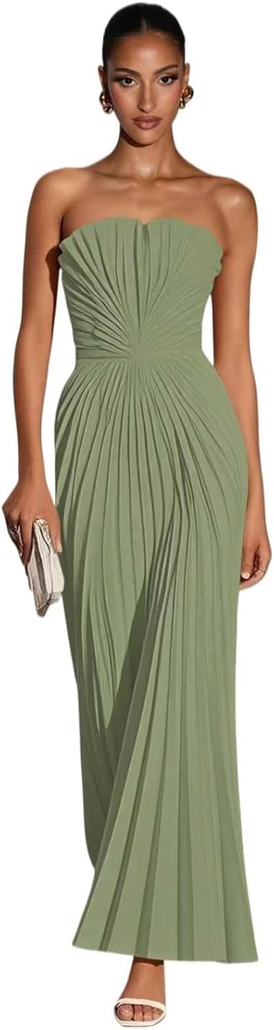 Chiffon Pleated Wedding Guest Dresses Strapless A Line Long Bridesmaid Dresses Formal Evening Dress for Women