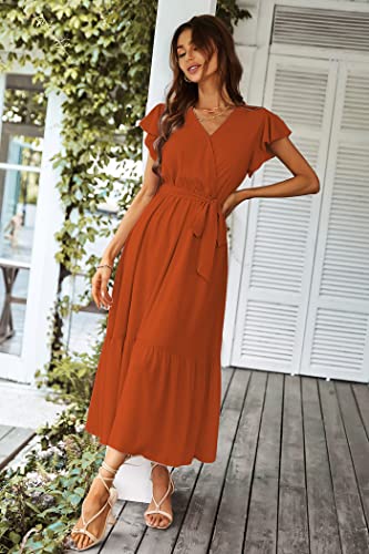 Prettygarden Women's 2023 Floral Summer Dress Wrap V Neck Short Sleeve Belted Ruffle Hem A-Line Bohemian Maxi Dresses (Solid Brick Red,Xx-Large) #TOP6