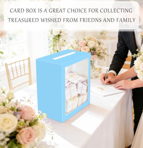 Image of SietDESEO Light Blue Card Box for Party with Clear Window Large Gift Card Box Holder for Wedding Reception Birthday Graduation Baby Shower Raffle Ticket Box