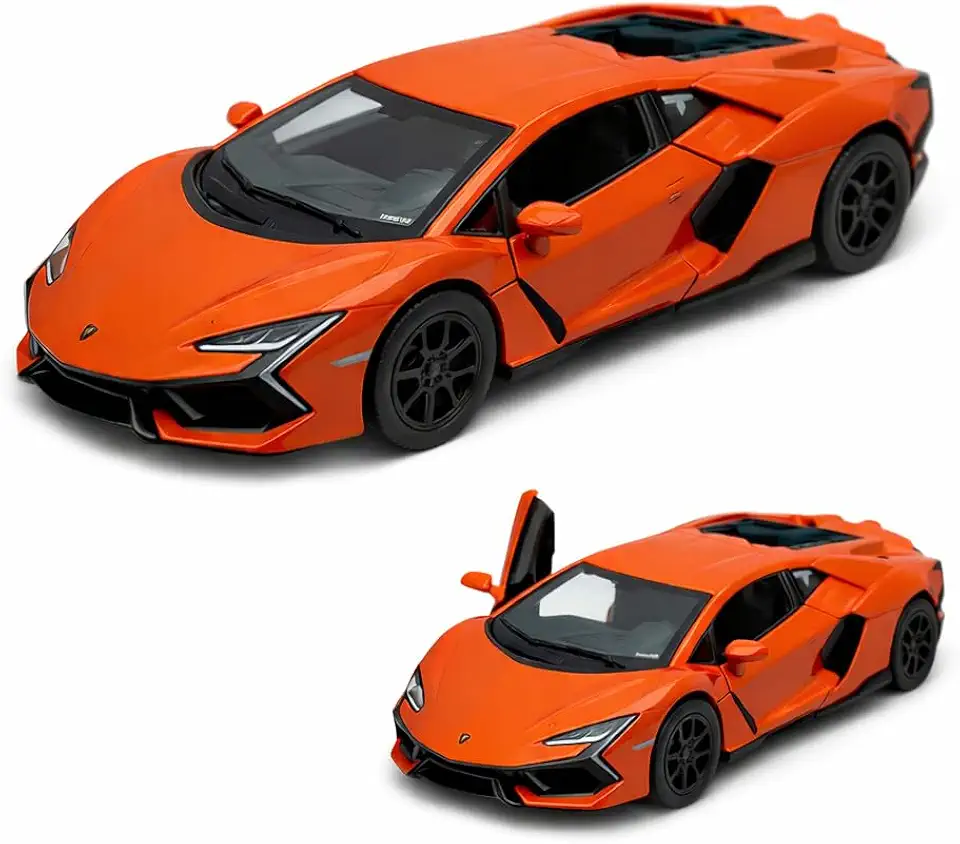 Carrinho De Ferro Miniatura Lamborghini Revuelto 12 Cm, 1/38, em metal, Miniatura de carro colecionável, abertura de portas laterais, rodinhas em borracha com fricção, resistente a quedas (Laranja)