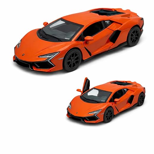 Carrinho De Ferro Miniatura Lamborghini Revuelto 12 Cm, 1/38, em metal, Miniatura de carro colecionável, abertura de portas laterais, rodinhas em borracha com fricção, resistente a quedas (Laranja)