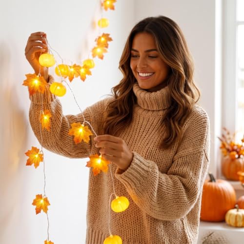 3PCS 5FT Thanksgiving Maple Fall Leaves Garland with Lights Pumpkin Decor - image 7