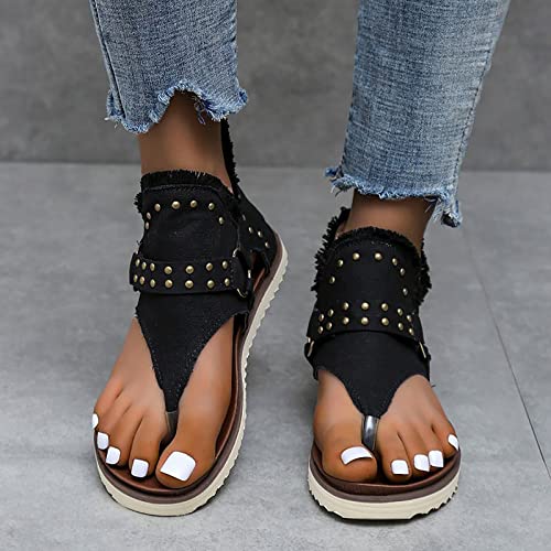 Women's Clip-Toe Flip Flops Studded Canvas Flat Sandals,Summer Fashion Buckle-Strap Back Zipper Orthopedic Open Toe Flops,Casual Fringe Boho Comfy Slip on Beach Slippers3