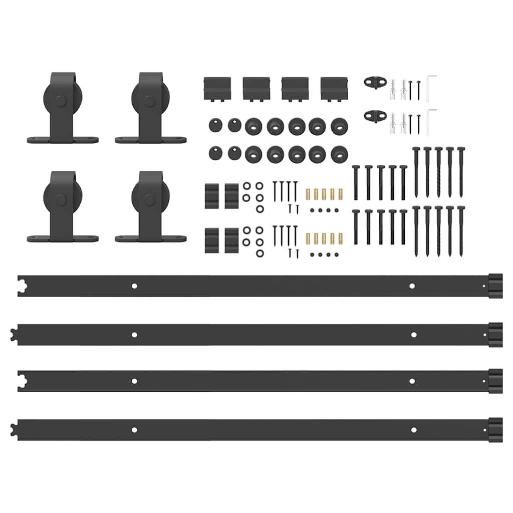 Juego de herrajes para puerta corredera de 400 cm de acero con recubrimiento en polvo negro con topes y ruedas para puerta de granero, accesorios de montaje, compatible con puerta principal y