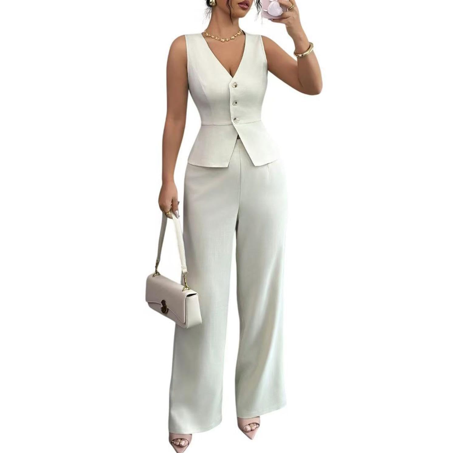 Womens 2 Piece Business Casual Outfits Sleeveless Suit Vest and Wide Leg Pants Blazer Set