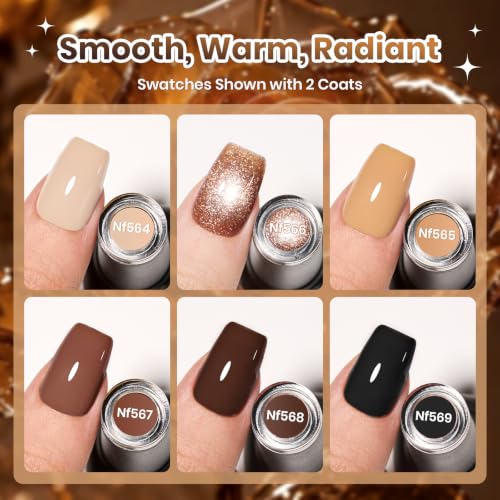 Image of Beetles Brown Gel Nail Polish Set, 6 Colors Nude Beige Coffee Black | with Rose Gold Magnetic Cat Eye&Magnet, UV LED Soak Off Fall Winter Neutral Manicure Kit