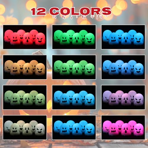 Image of Eldnacele Ghost Flickering Flameless Candles with Remote and Timer, Battery Operated Color Changing Lights Spooky Ambiance LED Tea Lights for Halloween Fireplace Indoor Decoration (6Pcs, 2 inch x 2.4 inch)