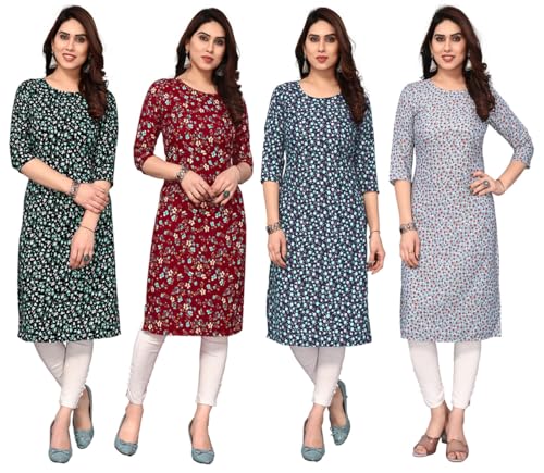 Image of JAKHANA Women's Crepe Printed Casual Straight Calf Length Round Nick Kurta Pack of 4