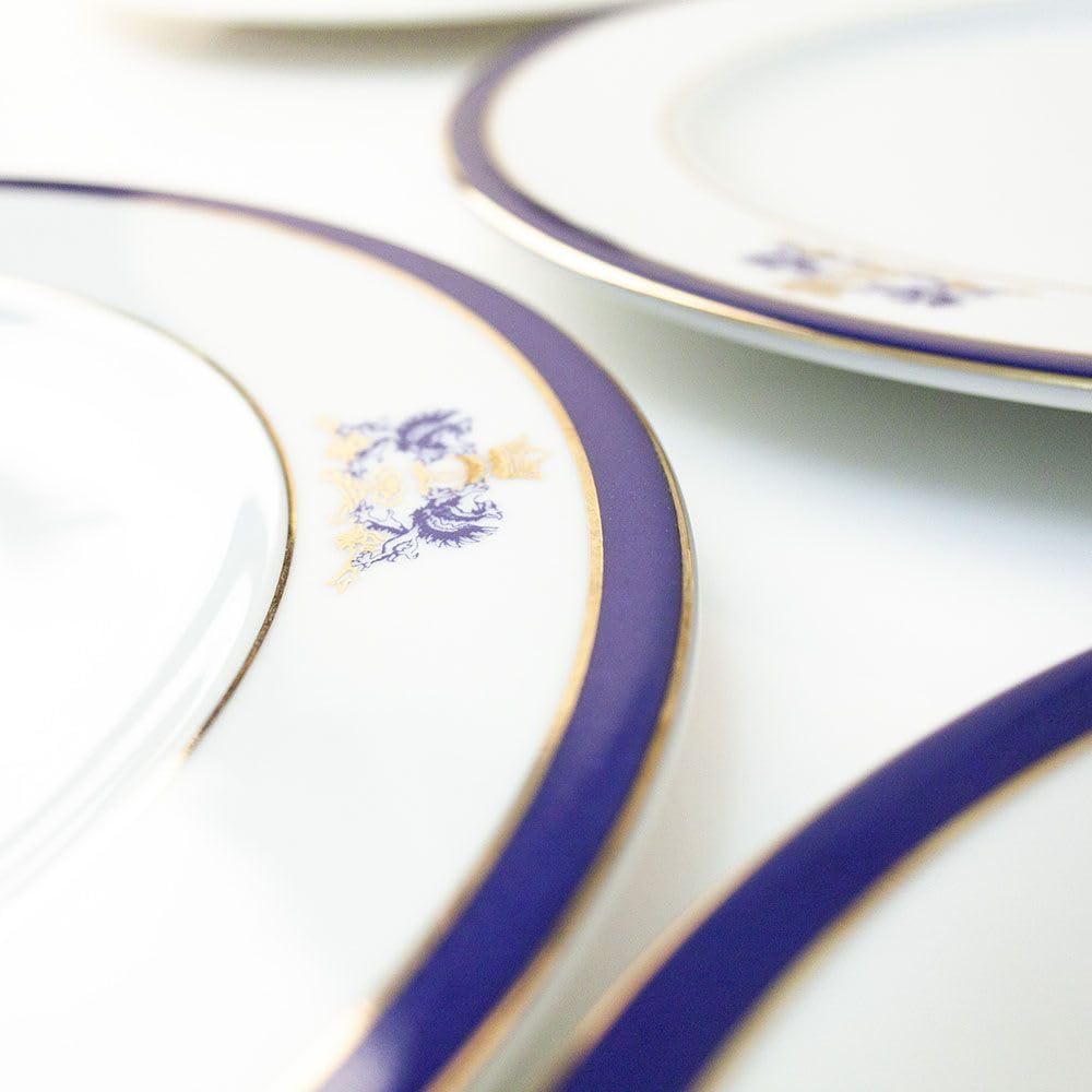 FranquiHOgar Platos de presentación (12 platos) Grandes 30 cm, Bajoplatos de Porcelana para Servir Clásicos | Juego de Platos Duisburg Blancos Decorados con Oro y un Toque de Azul Cobalto