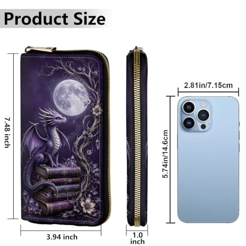 Image of Women's Wallets Credit Card Holder Money Leather Long Wallet | Long wallet with Wristlet,Large Capacity with Zip-Around Phone Purse for Women Ladies Girls,Purple Dragon Moon