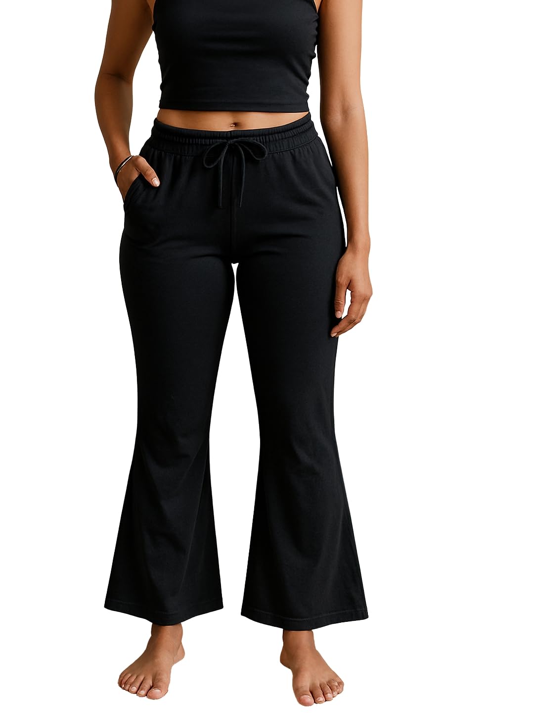 kryptic Women Solid Pure Cotton Bootcut Flared Lounge Pant with Side Pockets | Comfortable Relaxed Fit Casual & Nightwear Bottoms with Elastic Waistband-picture-18