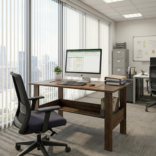 Image of Linea Study Desk with Lower Storage Shelf, Compact Writing Table & Laptop Station for Home Office and Students, 90x50x75cm (Oak Brown)