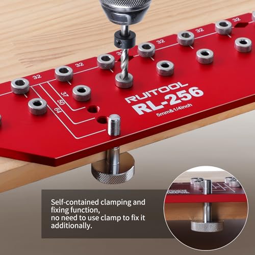 Image of RUITOOL Shelf Pin Jig 11 Holes, Self-contained Clamping Function All Metal Shelf Pin Drilling Jig with 1 /4 inch and 5mm Drill Bit, Shelf Hole Jig and Cabinet Hardware Jig Tool Drill Guide with Storage Bag