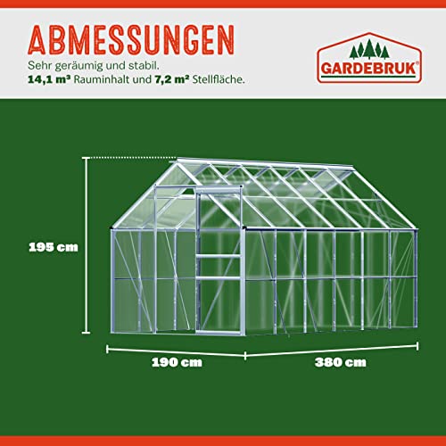 Gardebruk® Aluminium Gewächshaus 7,2m² 380x190cm inkl. 4 Dachfenster Treibhaus Garten Frühbeet Pflanzenhaus Aufzucht 11,73m³ – Bild 3