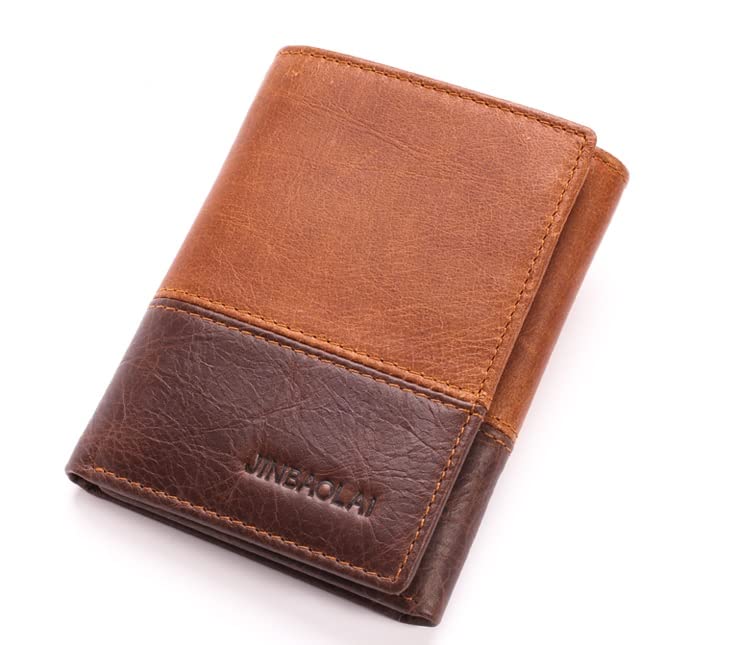 JINBAOLAILeather bi-fold wallet brown color for men, Dark Brown