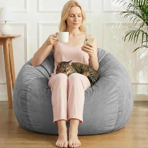 Image of Stuffed Animal Storage Bean Bag Chair Cover for Adults (No Filler), Soft Comfy Velvet Beanbag Chair Cover Machine Washable, Adults Bean Bag Chair with Handle for Living Room Bedroom, Dark Gray
