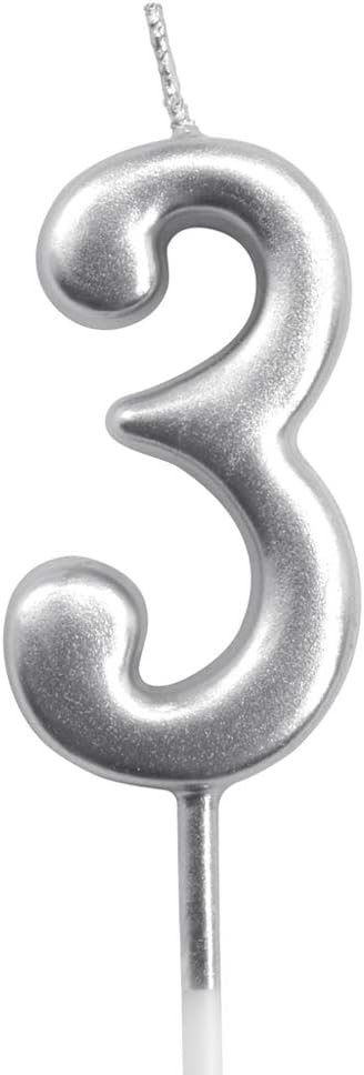Silver Birthday Candles Number 3 Cake Topper Decoration Glitter Candle for Party Anniversary
