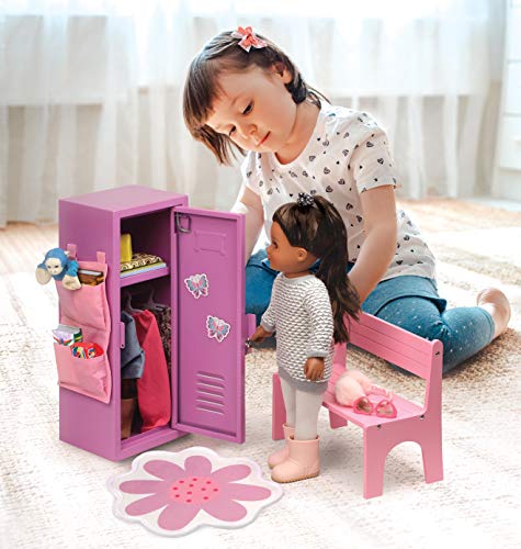 Image of Badger Basket School-Style Single Doll Locker Set with Bench, Rug, and Accessories - Purple and Pink Design for 18-Inch Dolls