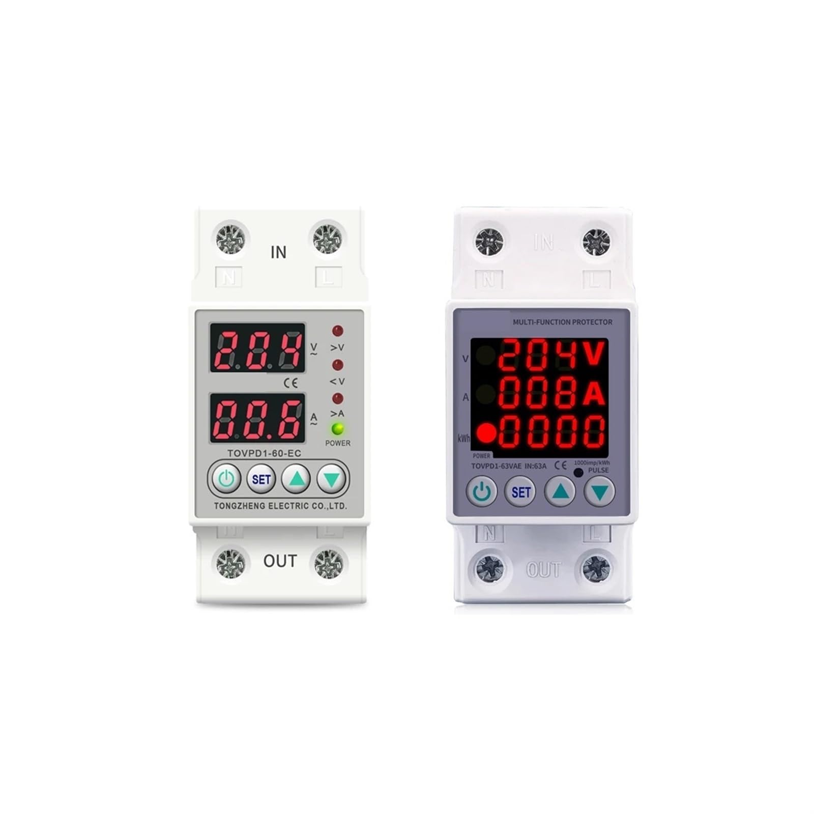 GVBAEPIEO Din Rail Dual Display Adjustable Over Under Voltage Current Protective Device Protector Relay 40A 63A 80A 100A 220V 230V 1Pcs(L N 110V 60A,V A Kwh type)