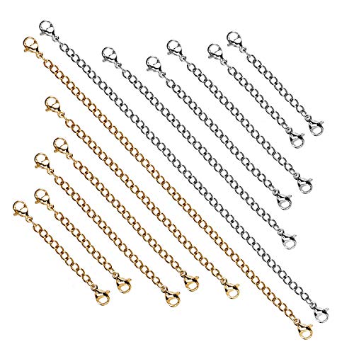 AIEX 12 Unids Extensores de Cadena Extensor de Acero Inoxidable Juego de Cadena para Pulsera Collar Fabricación de Joyas, 2 Colores y 4 Tamaños
