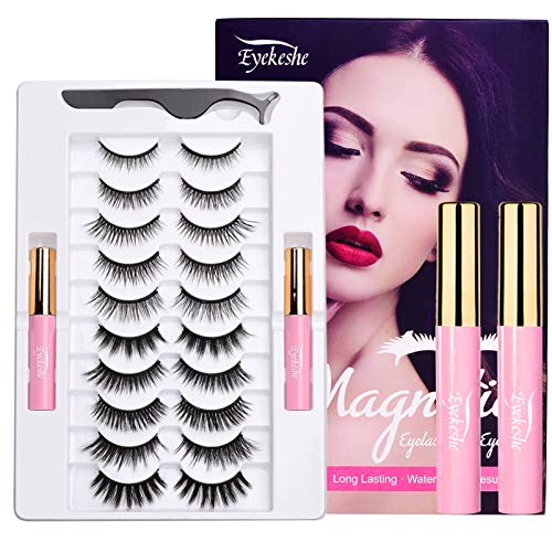 Magnetic Eyelashes with Eyeliner Kit - 3D 5D Natural Look False Lashes with Applicator, 10 Pairs Reusable Waterproof Magnetic Eyelashes and Magnetic Eyeliner Set, No Glue Need