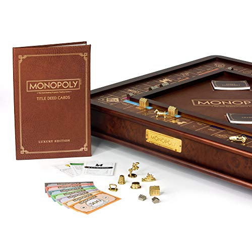 Monopoly Luxury Edition by WS Game Company, Burl Wood Cabinet with Gold Foil Stamped Game Board, Faux Leather Rolling Area, and 2 Storage Drawers, Premium Board Games for 2-6 Players