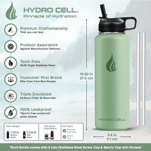 Image of HYDRO CELL Stainless Steel Insulated Water Bottle with Straw - For Cold & Hot Drinks - Metal Vacuum Flask with Screw Cap and Modern Leakproof Sport Thermos for Adults (Sage 40oz)