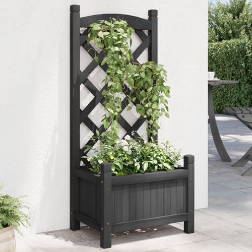 ShCuShan Blumenkasten mit Gitter, schwarz, Massivholz, Tanne, Pflanzgefäß auf Füßen, Pflanzkübel mit Gitter, Terrasse