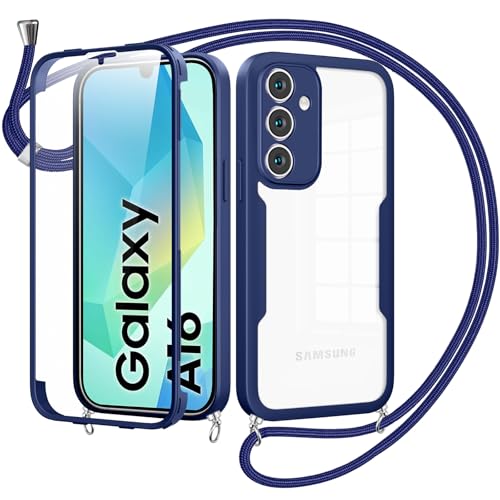 Cover per Samsung Galaxy A16 5G con Cordino360 Gradi Antiurto Trasparente Custodiacon con Protezione Schermo Integrata Bumper Rugged Custodia con Regolabile Tracolla Corda per A16 5G-Blu