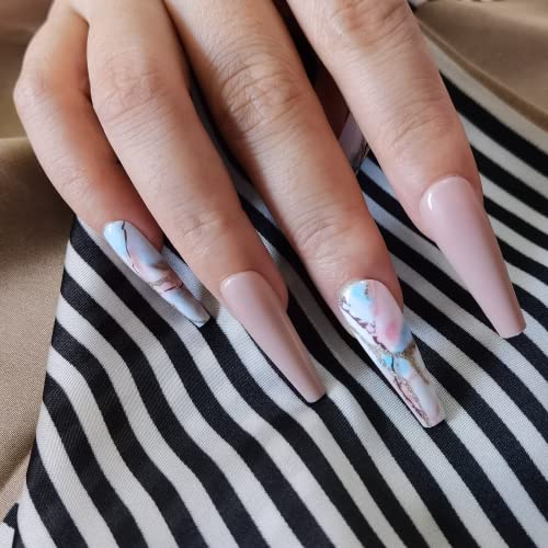 Extra Long Press on Nails Ballerina,Extra Long Press on Nails with Flesh Color Glossy,Abstract Press on Nails with Designs Full Cover Acrylic Nails for Women and Girls(24PCS)