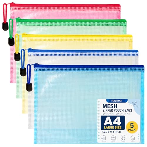 Mesh Zipper Pouch Bags - 5 Pack Large Waterproof Zipper Bags 13.2 x 9.4 Inch Clear Mesh Storage...