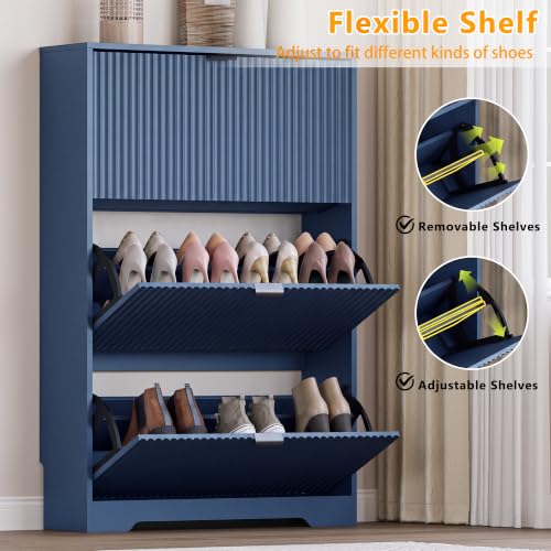 Image of BORNOON Entryway Shoe Cabinet with 3 Flip Drawers, Narrow Shoe Organizer Cabinet with Fluted Panel and Adjustable Shelves for Foyer, Hallway