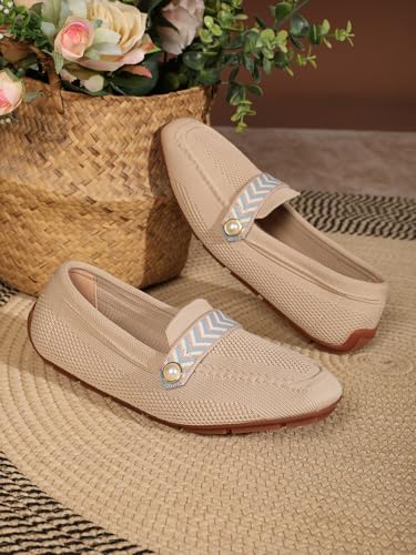 Image of Slip On Knit Loafers for Women Comfortable Casual Women's Square Toe Loafer Flats Driving Work Dress Breathable Knitted Flat Shoes with Pearl Memory Foam