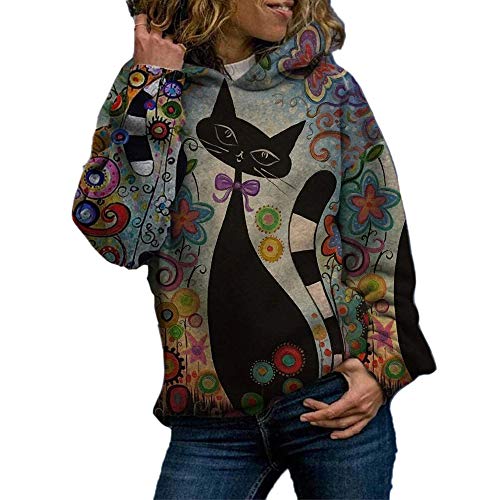 Jersey con Capucha de Manga Larga con Estampado de Gato de Dibujos Animados suéter de Mujer Suelta de Longitud Media Cover